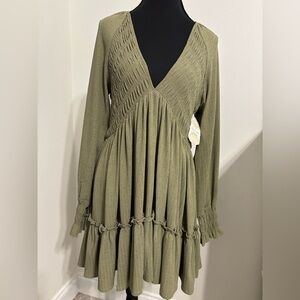 Altar'd State Olive L/S Dress with smocked bodice tiered ruffle hem shirt -Small